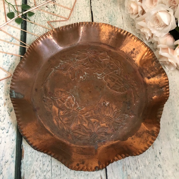 Vintage Copper floral tray platter dish sunflower